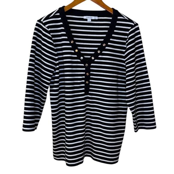 Chico's Top Women X Large‎ Black  Ribbed Henley Stripe Snaps Cotton Stretch Knit - Picture 1 of 9